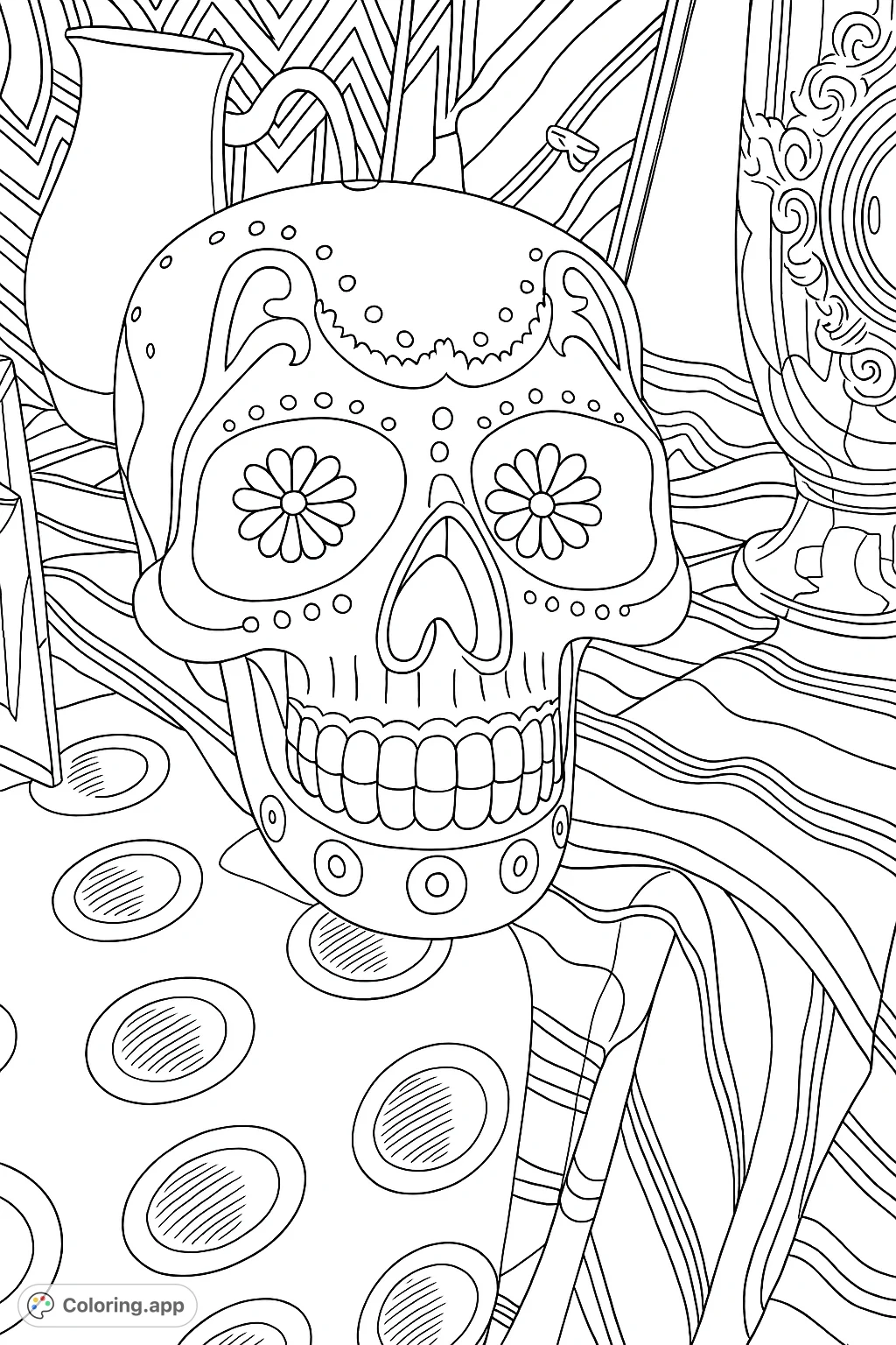 An intricately patterned decorative skull, adorned with swirls, dots, and floral eye designs, resting on patterned fabrics with ornate metallic objects in the background.