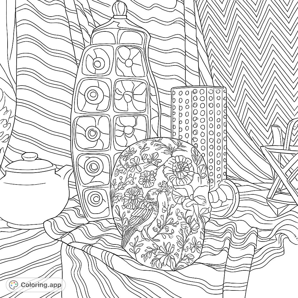 Explore a unique still life featuring a patterned skull, elegant vases, and textured fabrics. A realistic and detailed design for creative coloring.