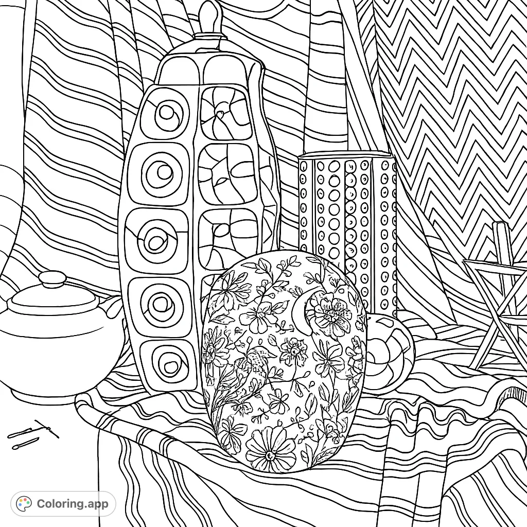 Explore a unique still life featuring a patterned skull, reflective vases, and geometric forms. A captivating design for detailed coloring.