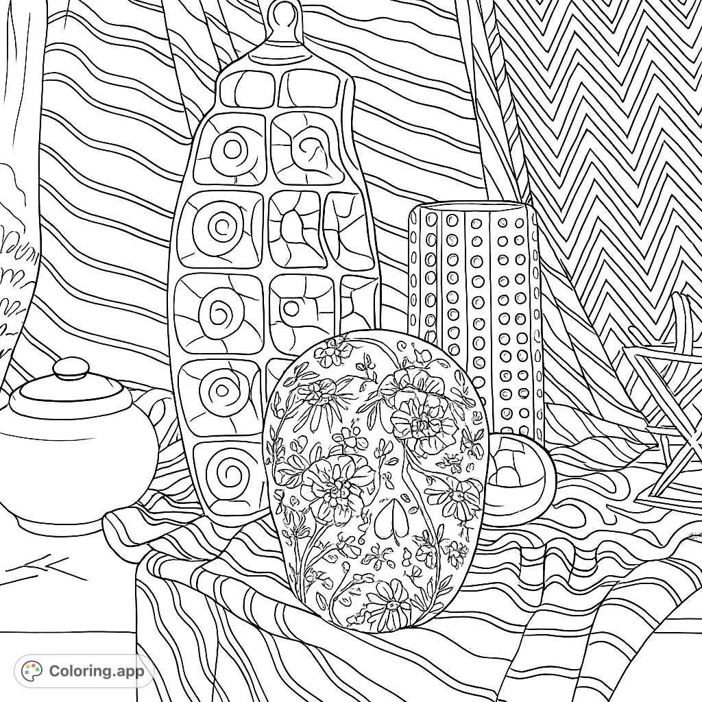 Explore a unique still life featuring a patterned skull, reflective vases, and geometric forms. A captivating design for detailed coloring.