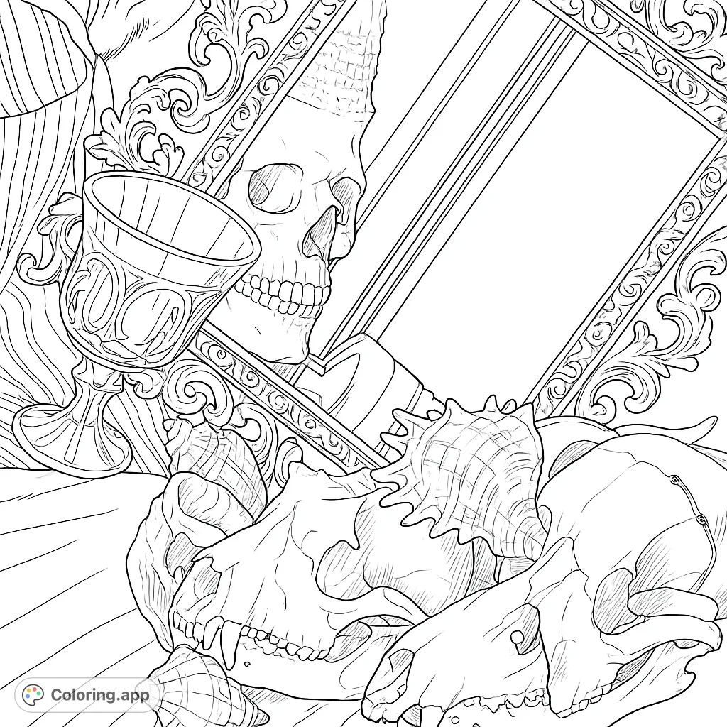 Explore a captivating still life featuring a human skull, ornate frames, and seashells. A detailed composition perfect for intricate coloring and creative expression.