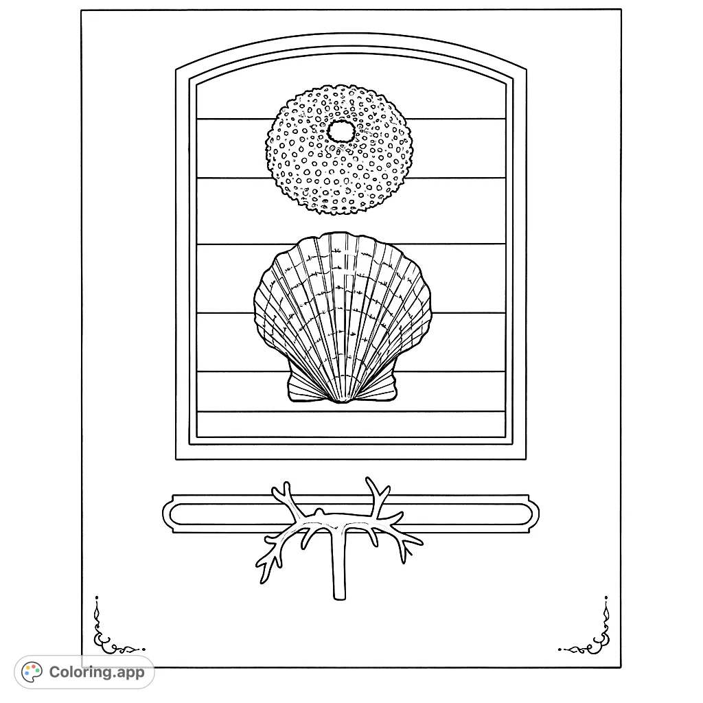 Explore a vintage album page featuring a delicate sea urchin, a patterned scallop shell, and a branched coral piece, set against a striped background.