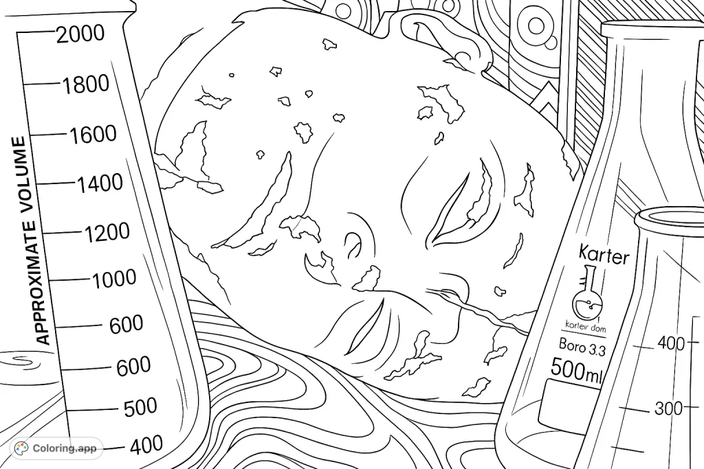An intriguing coloring page featuring a serene sculptural head surrounded by scientific labware, offering a unique blend of art and science for creative expression.
