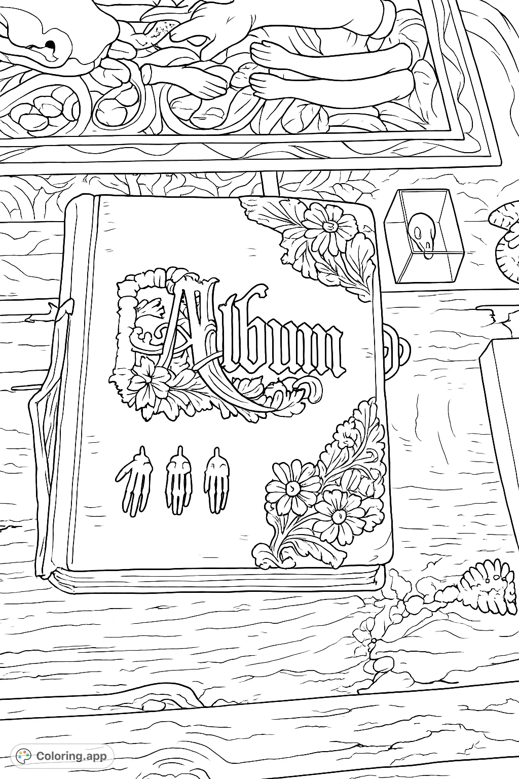 Explore a vintage album adorned with intricate floral designs and skeletal charms, surrounded by curious relics. A unique and detailed coloring experience.