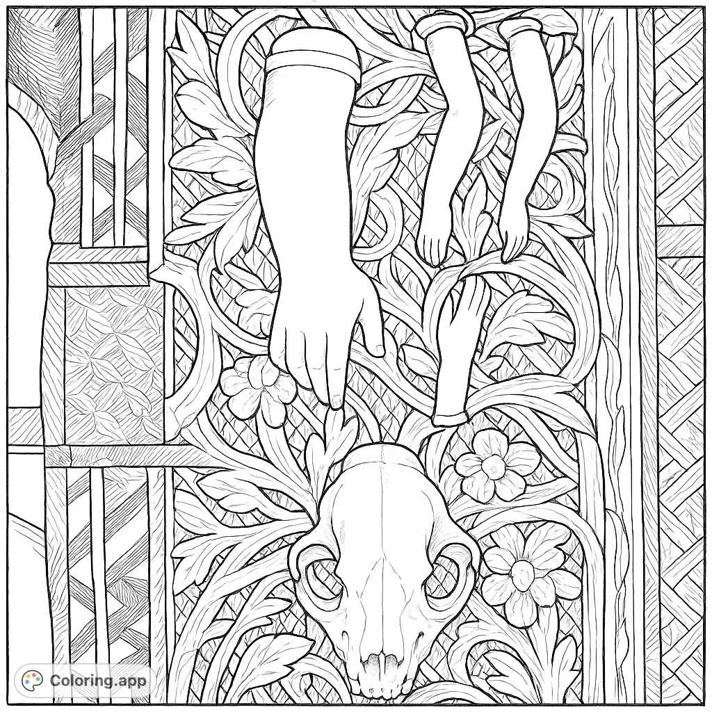 Explore a unique vintage curiosities coloring page featuring antique doll parts and an animal skull arranged on an intricately carved wooden panel. Perfect for adult colorists.