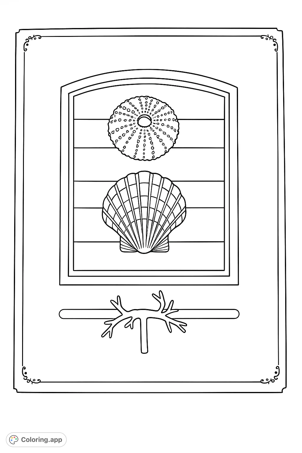 Explore a vintage display of marine treasures! This intricate coloring page features a sea urchin, scallop shell, and coral on an antique album page.