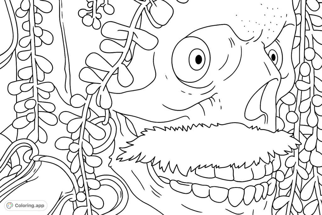 A quirky skull with googly eyes and a mustache, adorned with trailing plant elements. A fun and unique spooky-themed coloring page.