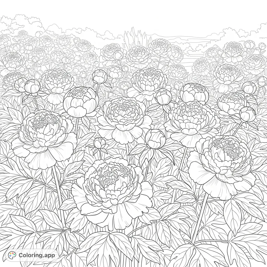 Immerse yourself in a beautiful peony garden coloring page, featuring abundant, ruffled blooms and lush foliage. A detailed floral escape awaits!