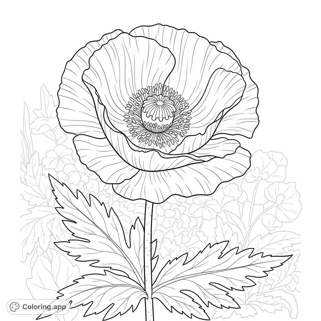 Discover a beautiful open poppy flower in a serene garden. Its delicate petals and intricate center offer a delightful coloring experience for all ages.