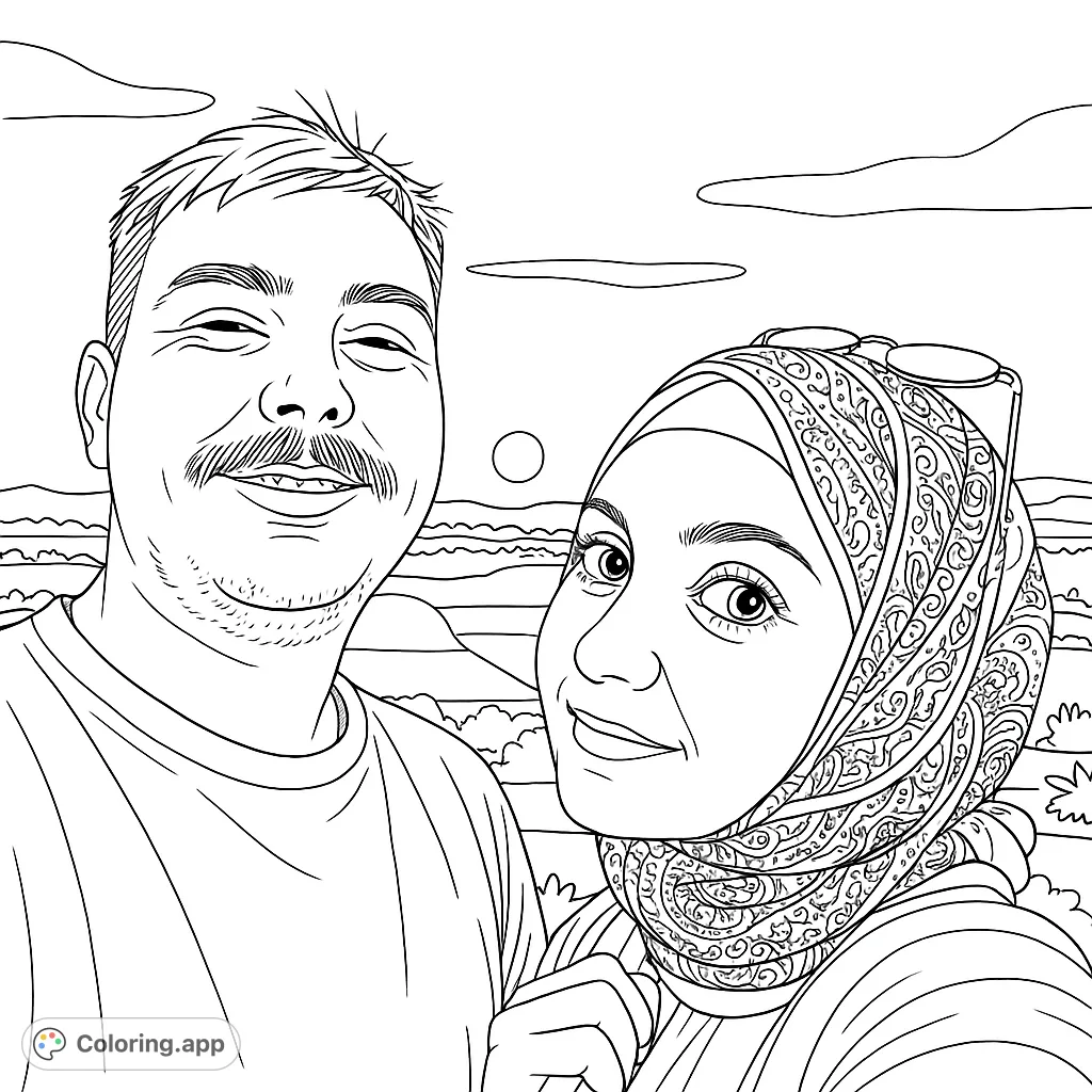A heartwarming selfie of a couple against a stunning landscape with a setting sun, featuring detailed patterns on a headscarf and unique rock formations.
