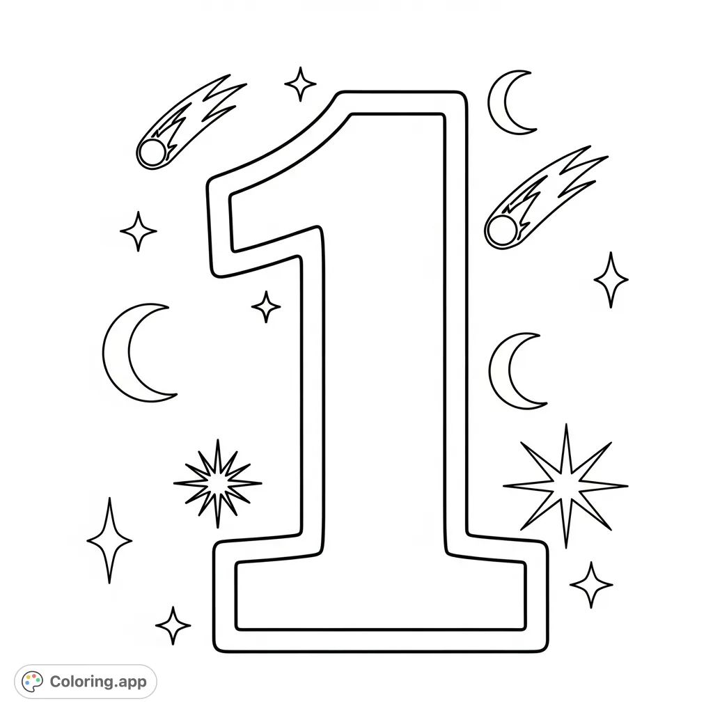A simple, bold outline of the number 1, perfect for young colorists to practice numbers and unleash creativity. Large spaces make coloring easy and fun.