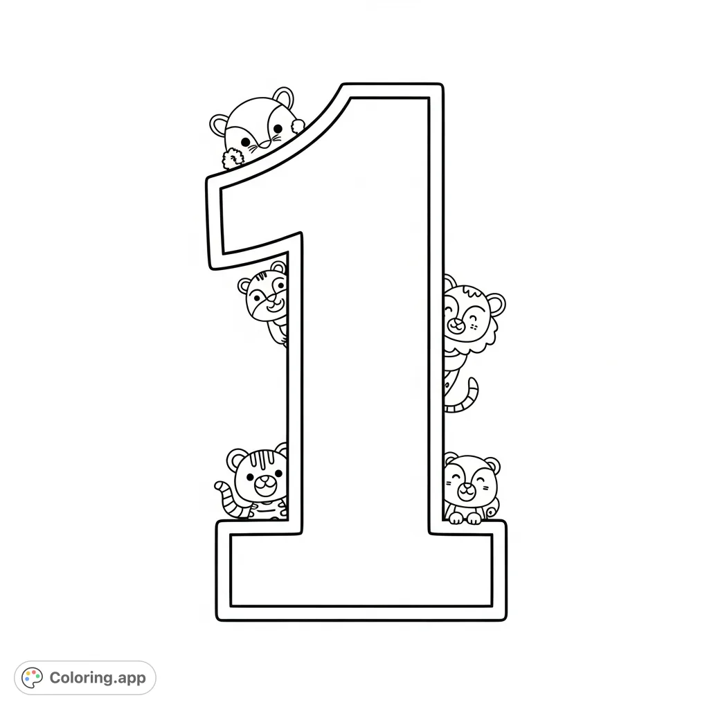 A simple, bold outline of the number 1, perfect for young colorists to practice numbers and unleash creativity. Large spaces make coloring easy and fun.