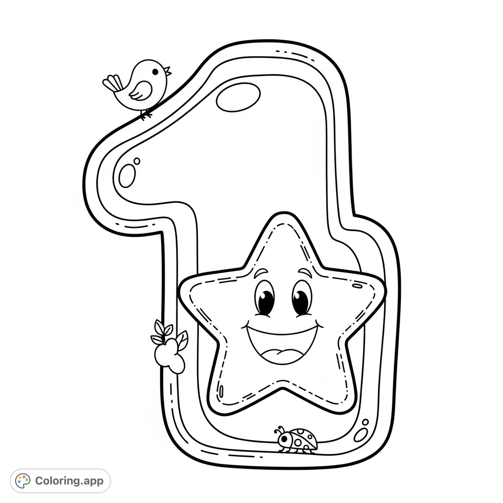 A delightful bubble number 1 coloring page featuring a big, smiling star inside. Perfect for young learners and celebrations, offering simple, engaging fun.