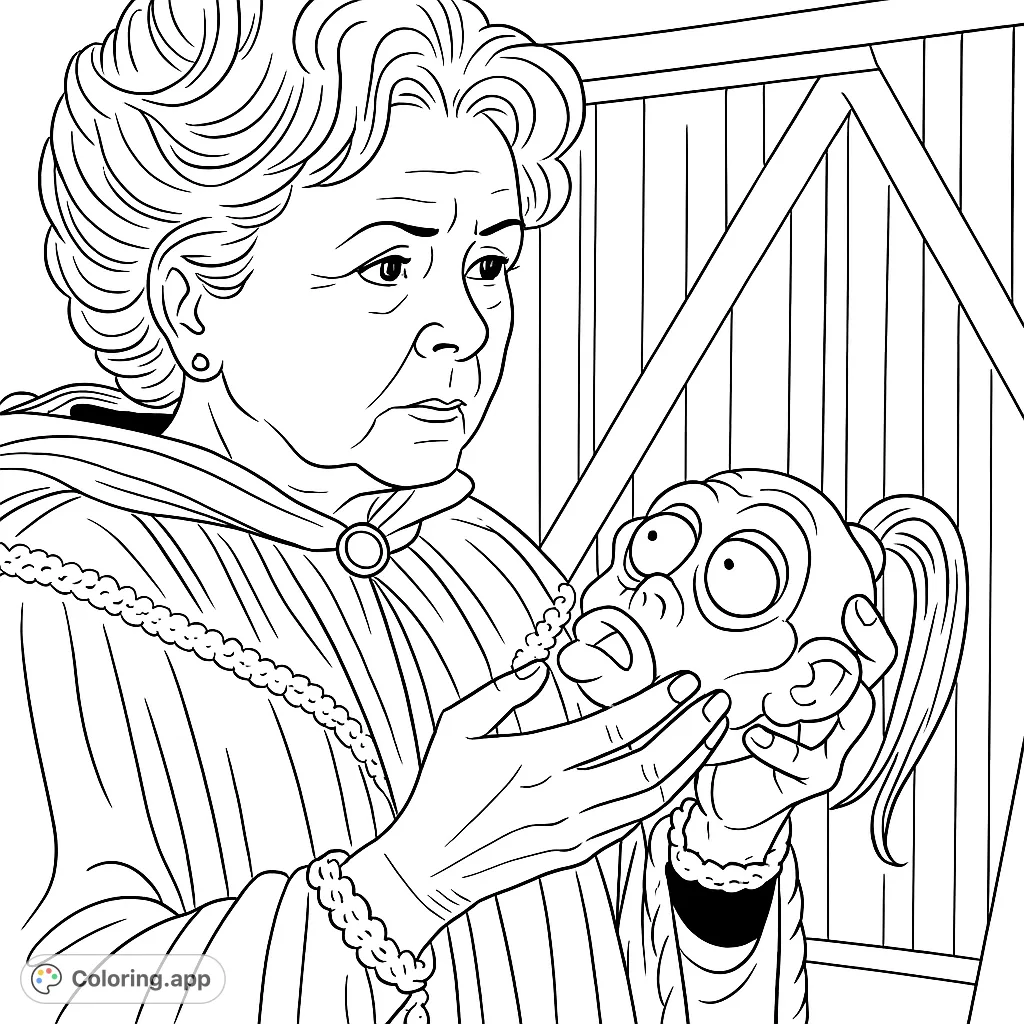 A thoughtful woman in an ornate cloak holds a peculiar, stylized head. A unique fantasy coloring page for character studies and intriguing objects.