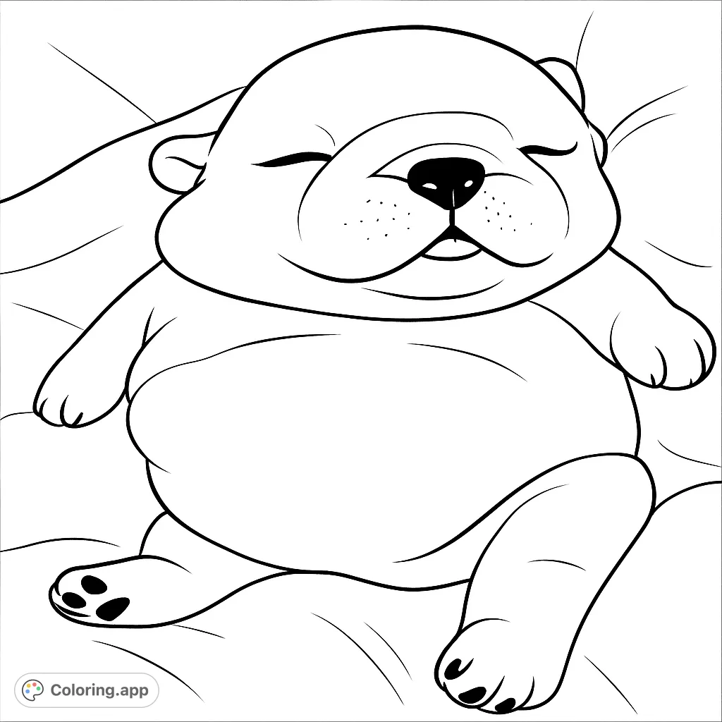 A charming sleepy puppy coloring page, perfect for animal lovers. This adorable design features a plump, peaceful pup resting on a soft surface.