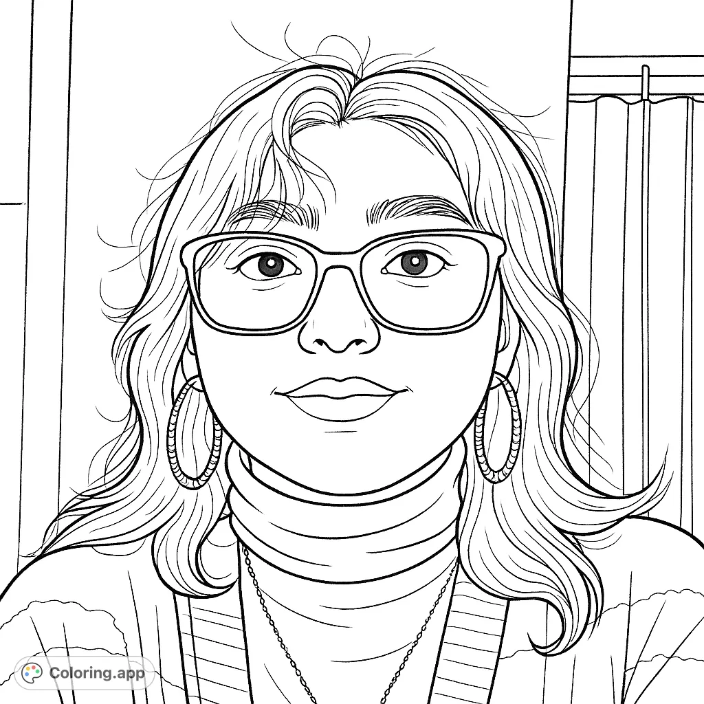 A detailed portrait of a person wearing glasses, a turtleneck, and a striped sweater, featuring intricate hair and accessories for a fun coloring experience.