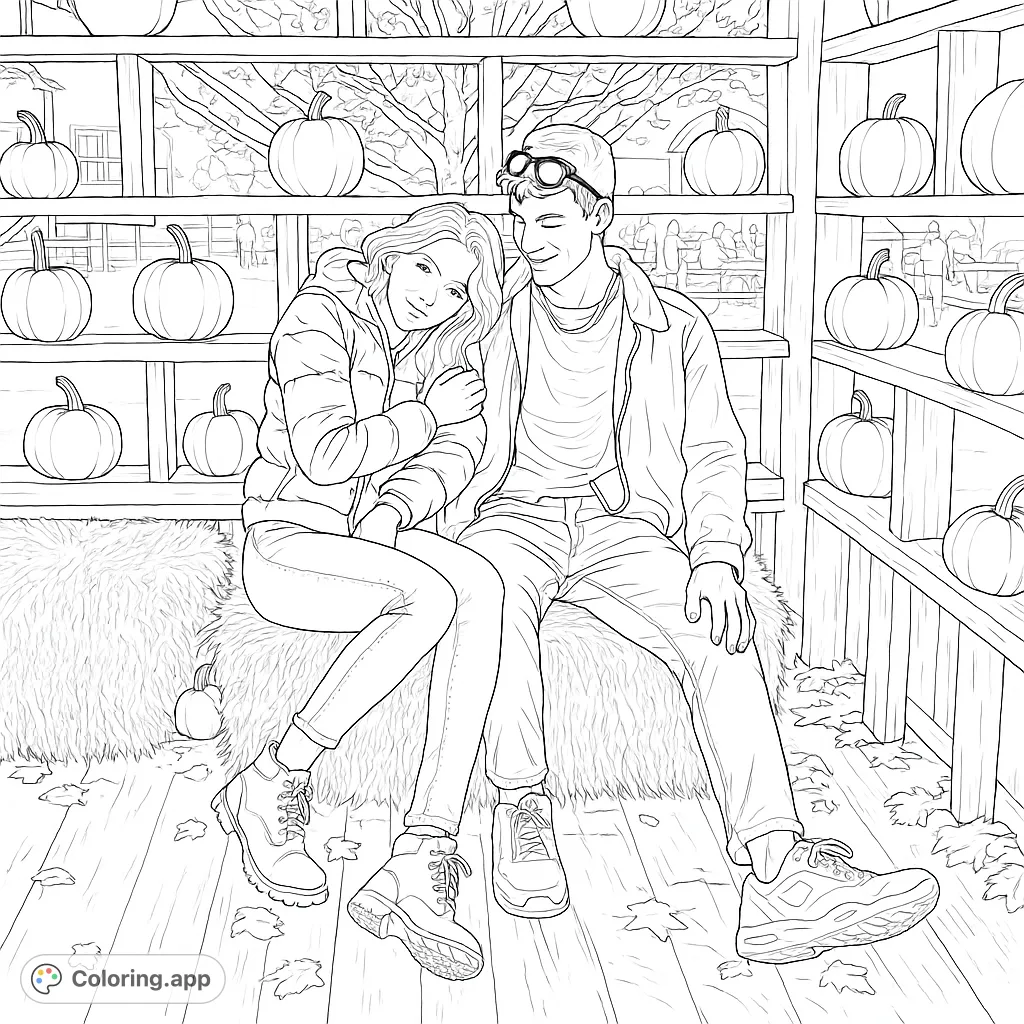 A charming couple enjoys a cozy moment amidst a bountiful display of pumpkins and gourds at an autumn farm stand, perfect for a festive coloring page.