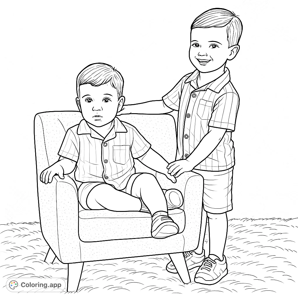 A heartwarming scene of two young brothers, one seated in an armchair and the other standing beside him, ready for a fun coloring adventure.