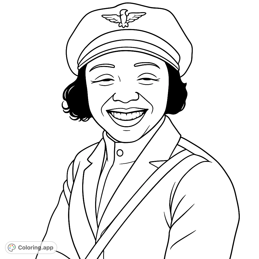 A smiling woman in a pilot's uniform, featuring a cap with a wing emblem and a detailed jacket. Celebrate aviation history with this inspiring portrait.