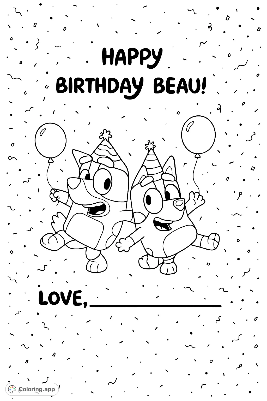 Two cheerful characters in party hats jump with joy amidst balloons and confetti. A festive birthday scene ready for your creative touch and personalization!