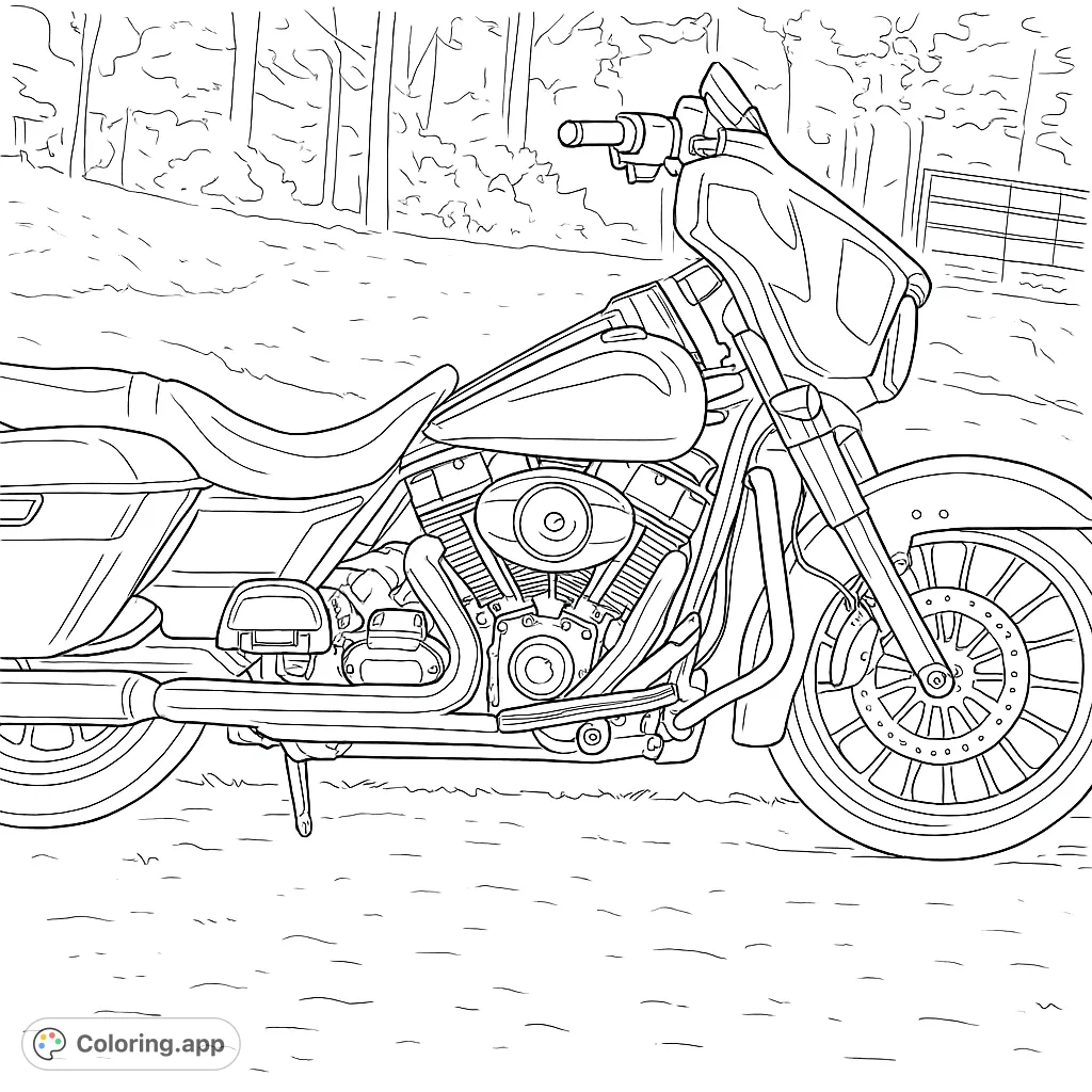 Color a detailed touring motorcycle with a prominent fairing, intricate engine, and custom wheels, set against a scenic rural backdrop.