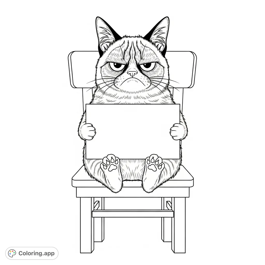 A classic Grumpy Cat meme coloring page featuring the iconic feline sitting on a chair, holding a blank sign, ready for your creative message.