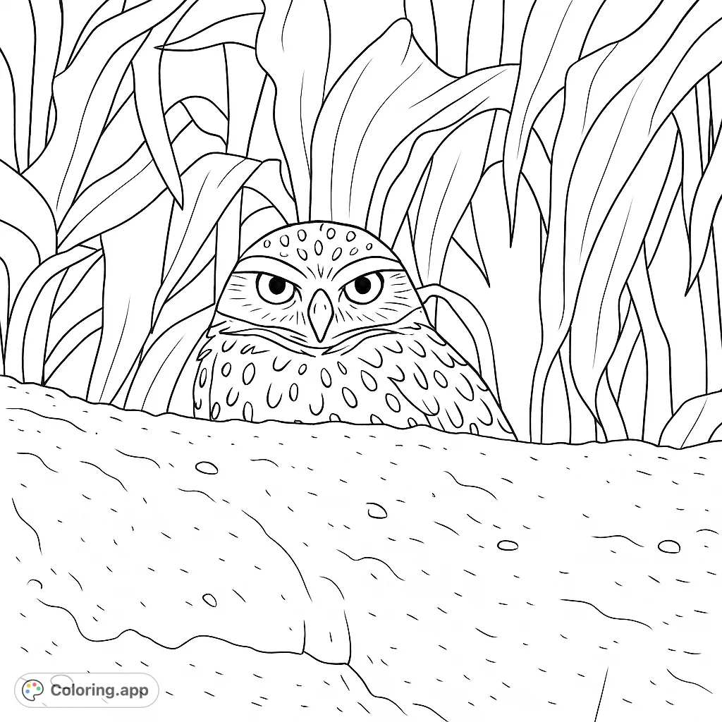 A captivating burrowing owl peeks over a textured mound, its intense gaze fixed forward, with lush foliage in the background. A detailed nature coloring page.