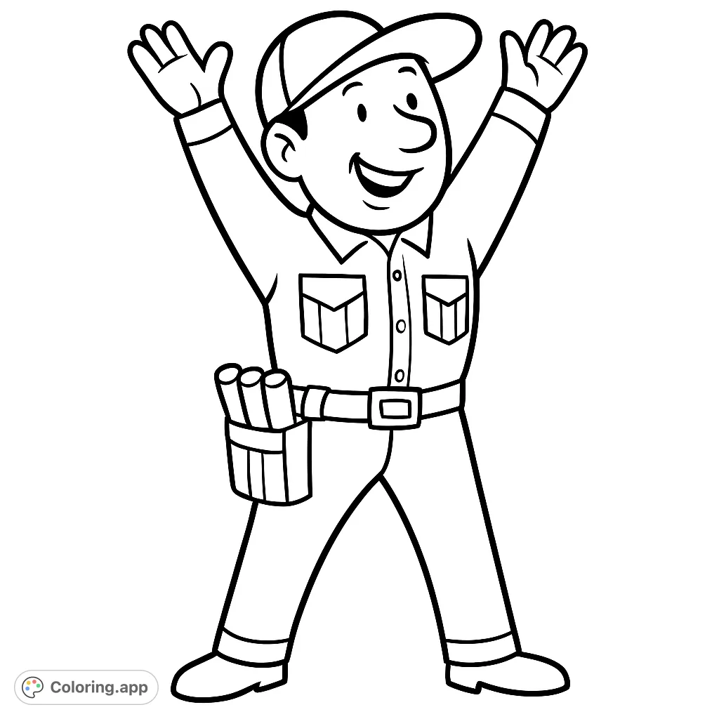 A cheerful cartoon worker with tools, arms raised in a happy pose. This free printable worker coloring page is perfect for kids and adults to enjoy.