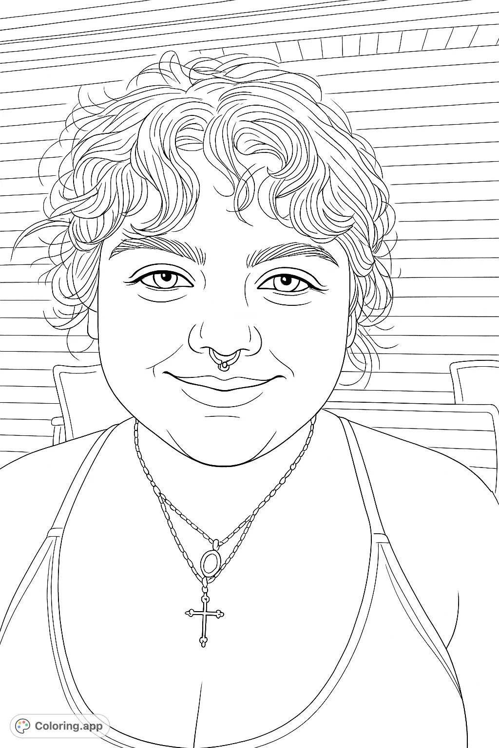 A warm, inviting portrait of a smiling person with curly hair and layered necklaces, including a detailed cross pendant, set against a textured background.