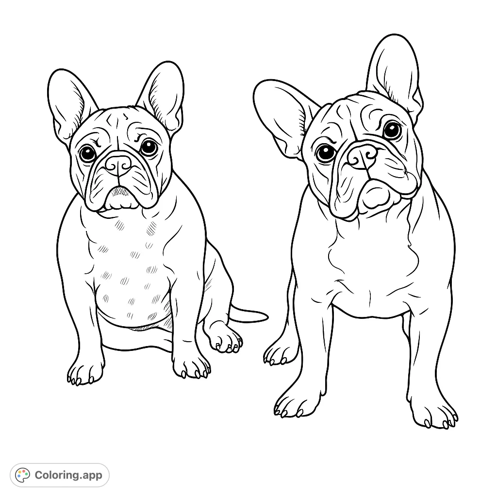 Two adorable French Bulldogs, one sitting and one standing, ready for a fun coloring adventure. Perfect for dog lovers!
