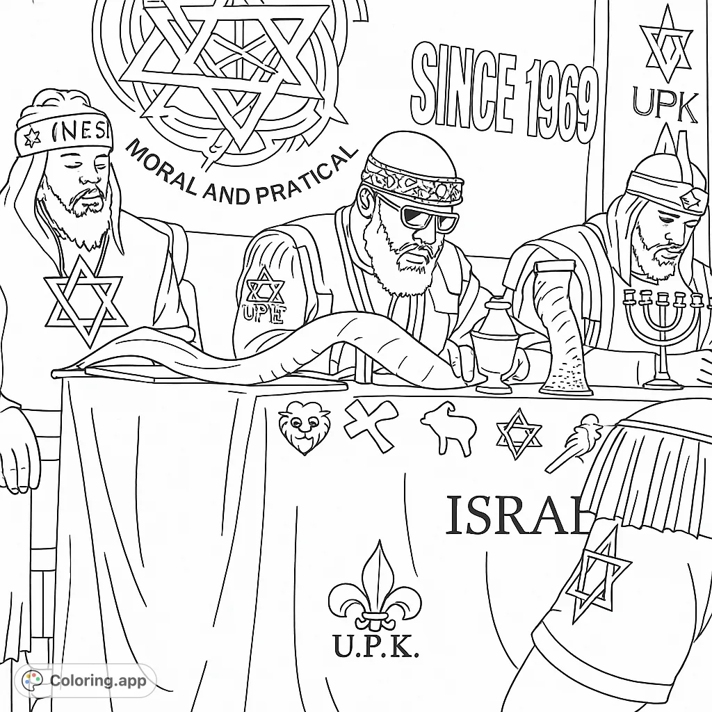 A detailed coloring page depicting a spiritual assembly with three figures in ceremonial attire, surrounded by symbolic objects and intricate patterns.