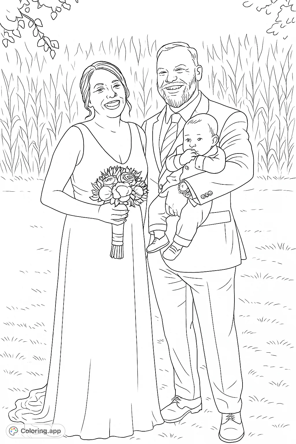 Celebrate love and family with this heartwarming wedding portrait coloring page featuring a happy couple and their adorable baby.