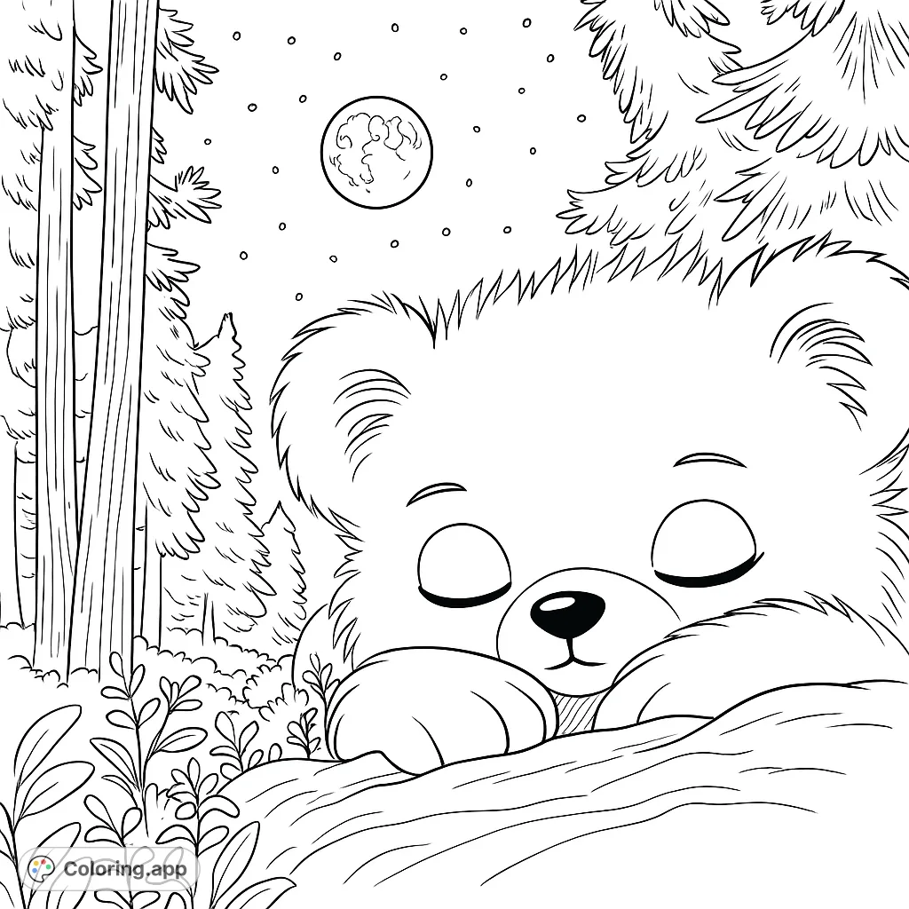 A fluffy teddy bear sleeps soundly under a starry night sky with a full moon and tall trees. A peaceful scene perfect for relaxation.