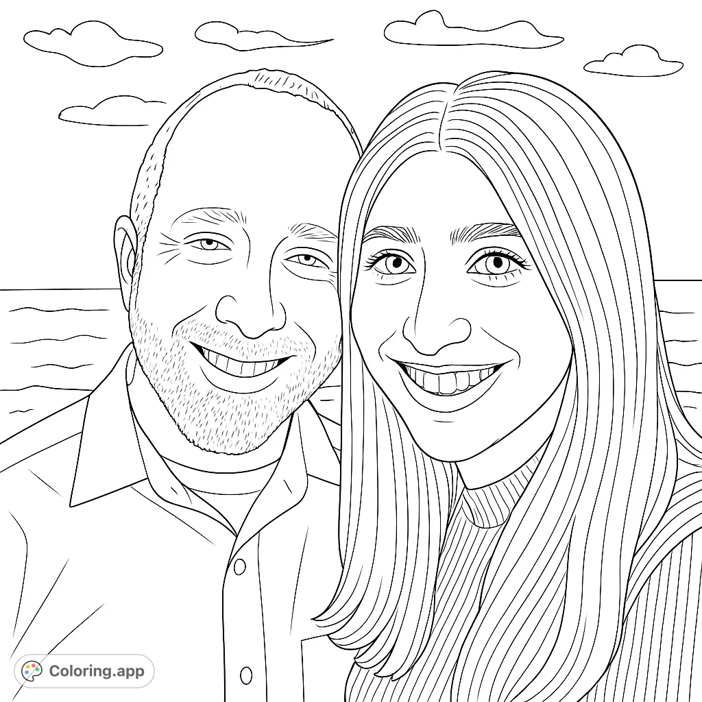A heartwarming couple portrait by the ocean, perfect for personalizing with your favorite hues. Celebrate connection and joy with this free printable coloring page.