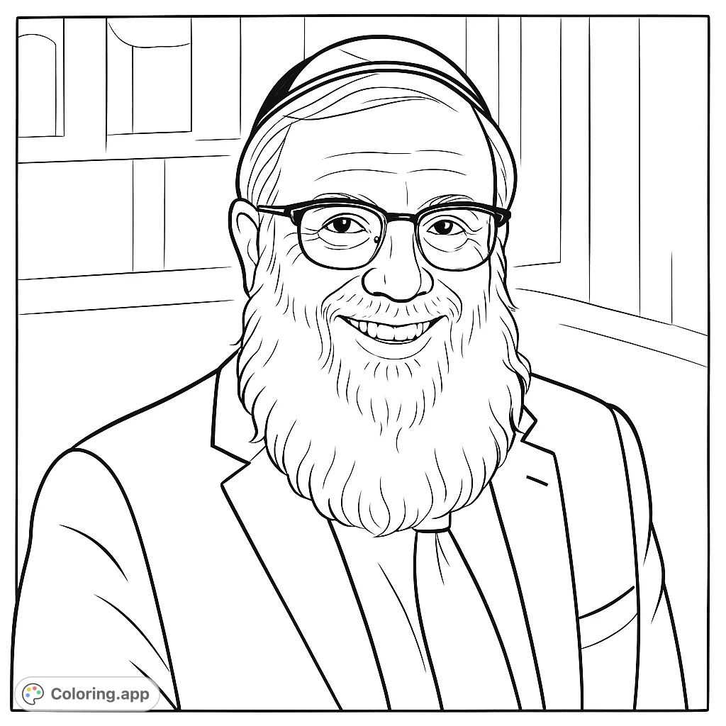 A warm portrait of a smiling man with a long beard and kippah, wearing glasses and a suit. Perfect for a thoughtful and engaging coloring experience.