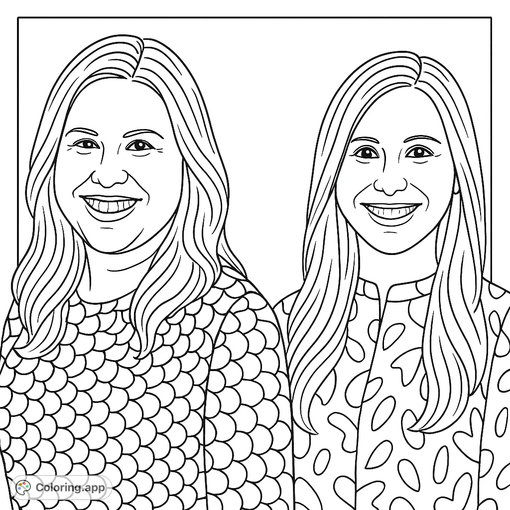Two smiling women with unique hairstyles and intricate patterned tops, offering a delightful canvas for creative expression and detailed coloring.