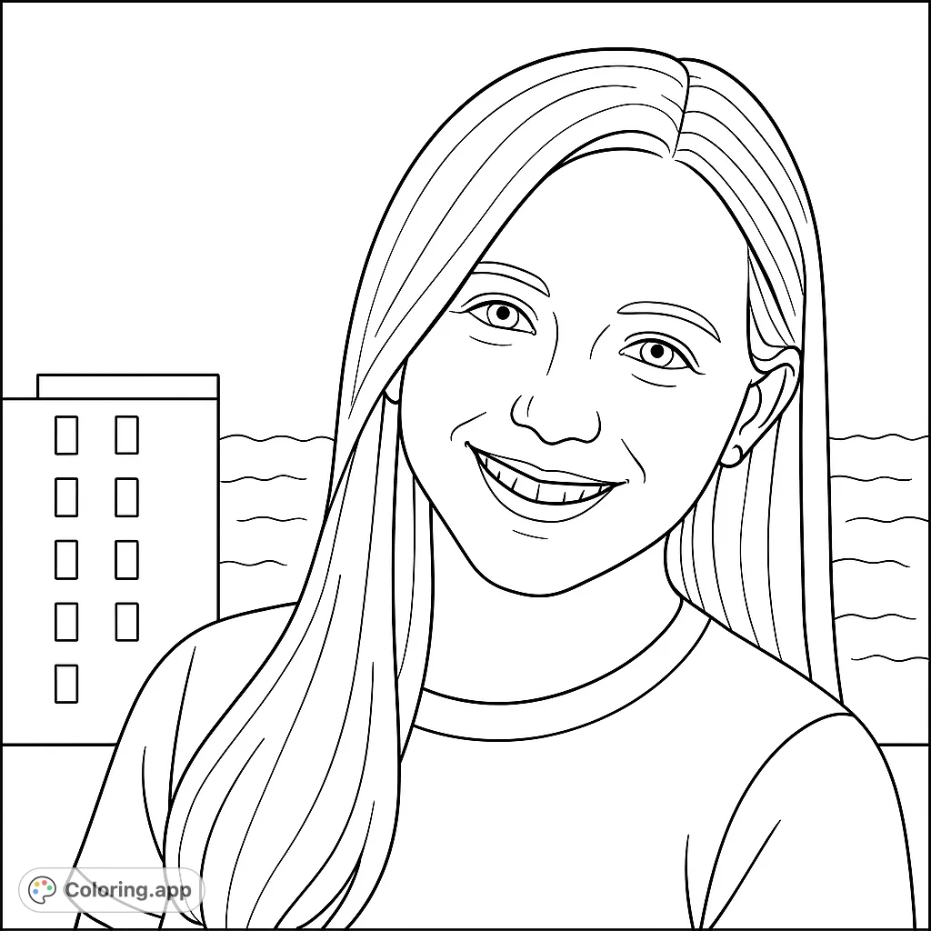 Capture the serene smile of a young woman with flowing hair, set against a distant cityscape and ocean. A delightful portrait for creative expression.