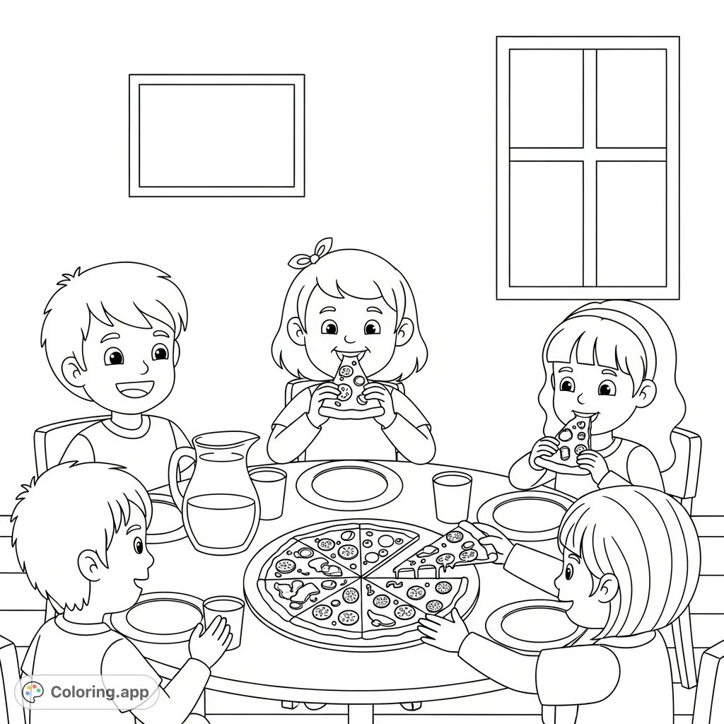 A delightful scene of happy children enjoying pizza slices around a table, perfect for a fun and engaging coloring activity for all ages.