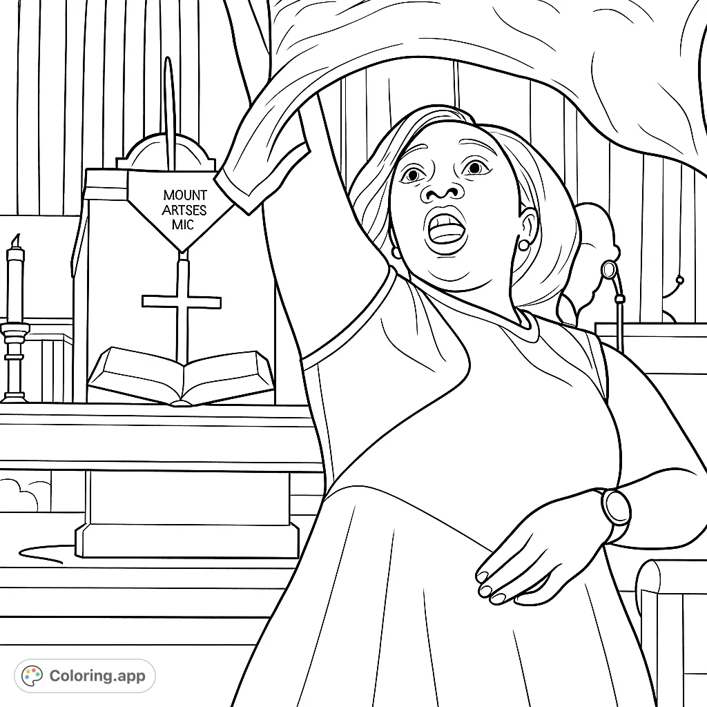 An inspiring worship scene featuring a woman gracefully waving flowing fabric in a church setting, with an altar and cross in the background. A spiritual coloring page.