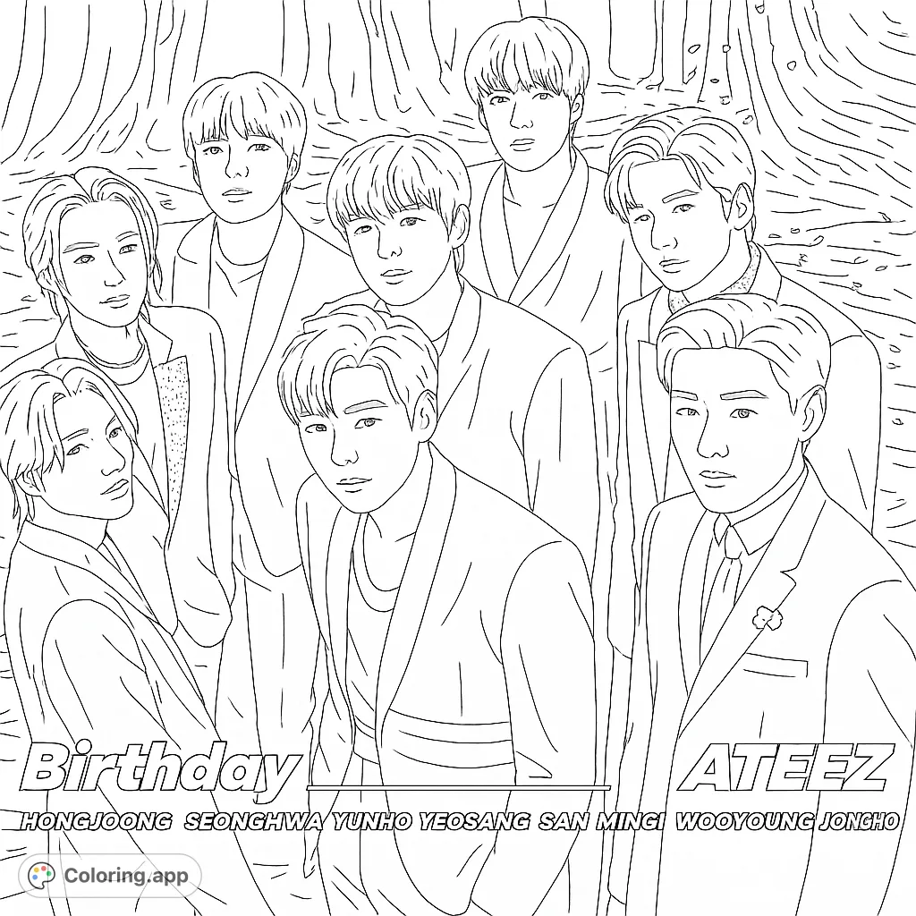 Color a dynamic portrait of eight stylish K-Pop idols in elegant attire against a festive, textured background. Perfect for fans of music and fashion.