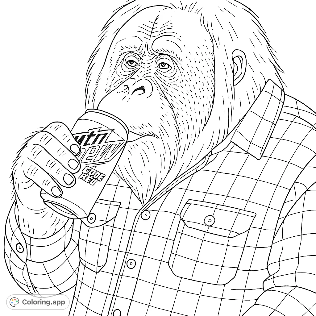 A unique orangutan in a plaid shirt enjoys a beverage, offering a fun and detailed coloring challenge for animal lovers and those who appreciate quirky scenes.