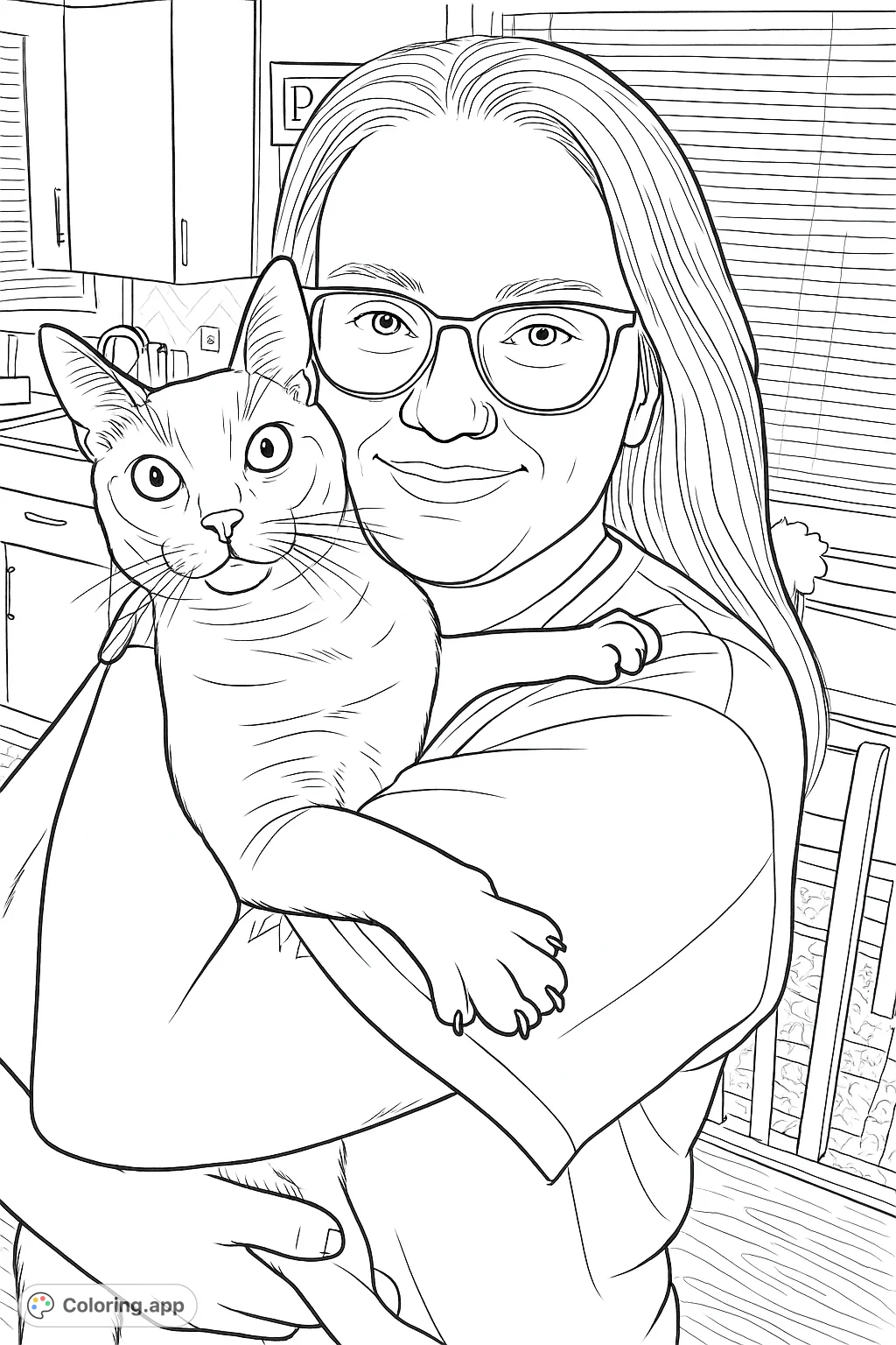 A heartwarming coloring page featuring a woman gently holding her beloved pet cat, capturing a moment of affection and companionship.