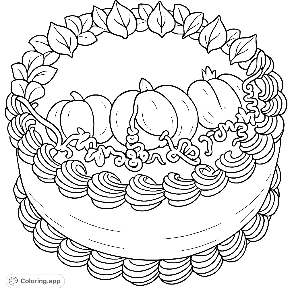 A delightful fall harvest cake adorned with pumpkins, swirling vines, and decorative leaves, perfect for celebrating the autumn season.