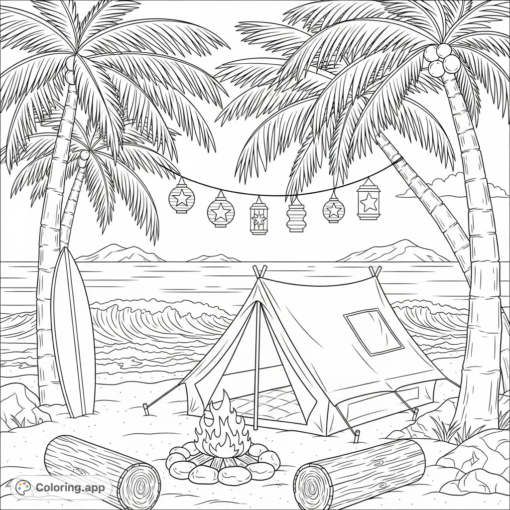 Escape to a tranquil tropical beach scene featuring a cozy tent, crackling campfire, swaying palm trees, and gentle ocean waves. A perfect relaxing coloring page.