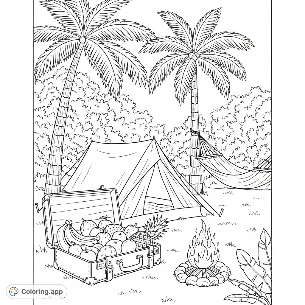 Explore a vibrant tropical camping scene featuring an opened suitcase brimming with exotic fruits, a cozy tent, and lush palm trees. A perfect free printable coloring page for relaxation.
