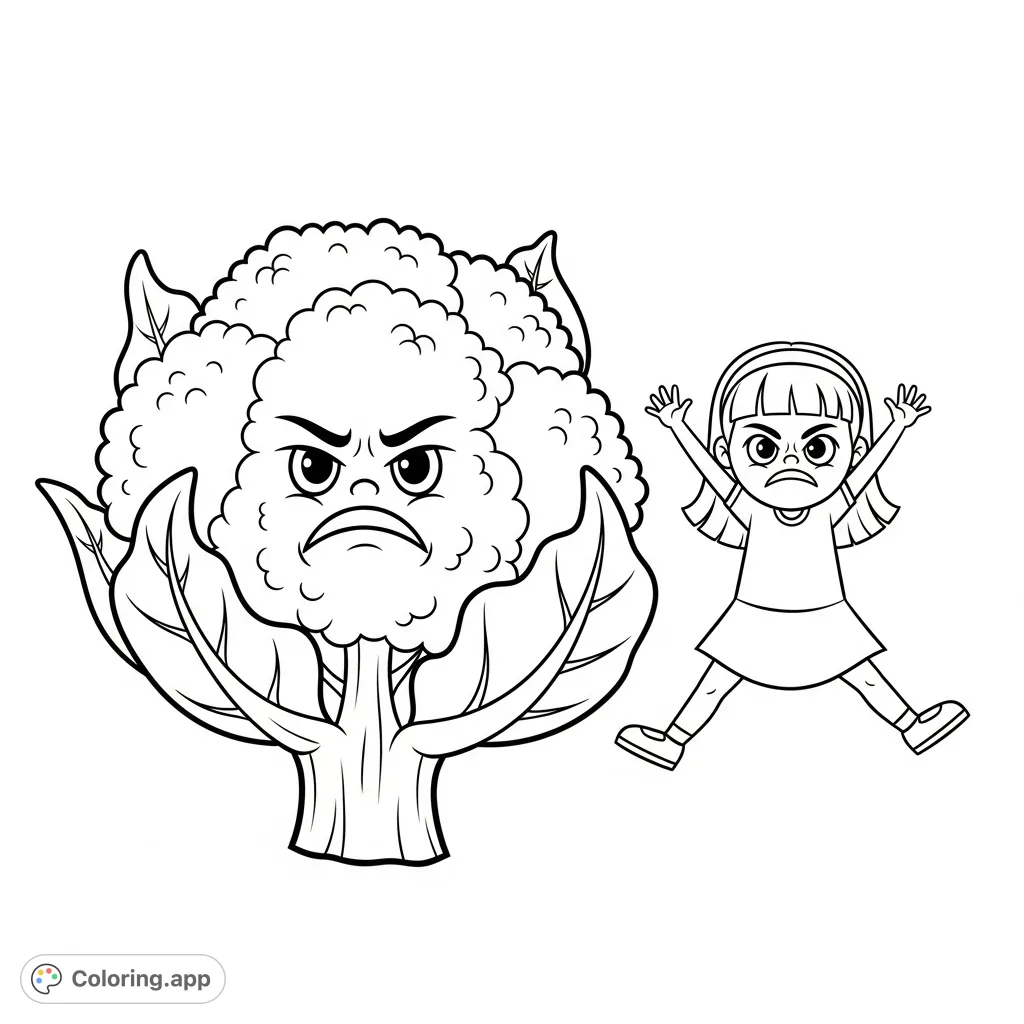A whimsical coloring page featuring a frowning cartoon cauliflower alongside a girl doing jumping jacks, also with a frown. Explore emotions and healthy habits.