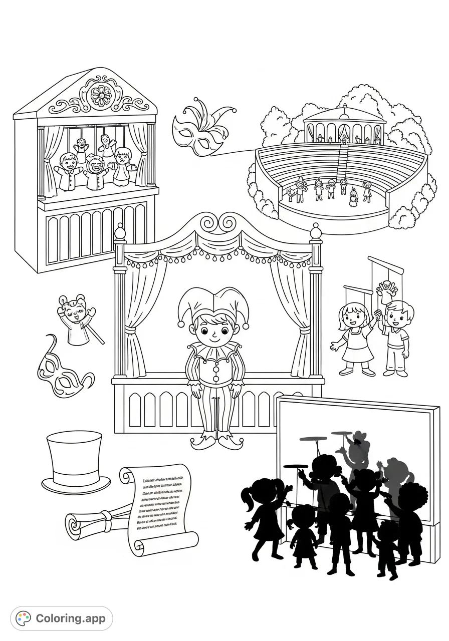 Explore a delightful scene showcasing various forms of children's theatre, from proscenium stages to puppet shows and shadow plays. Perfect for young artists!