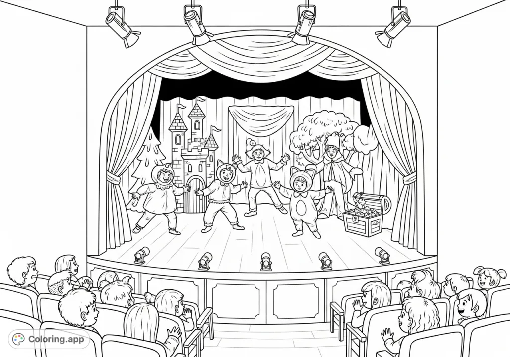 Step into a magical theatre scene! Actors in whimsical costumes perform a children's play on stage, surrounded by detailed props and an eager audience.