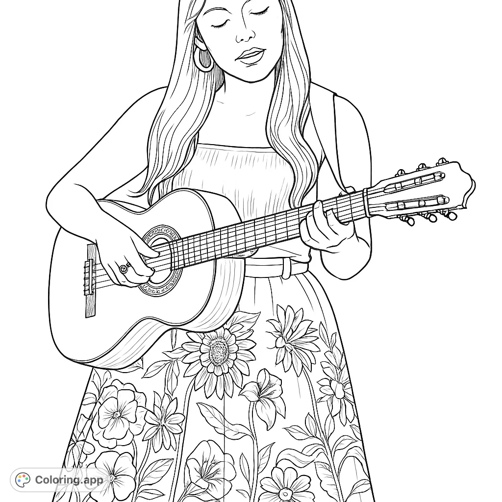 A woman plays an acoustic guitar, her floral skirt adorned with blossoms and a butterfly. A beautiful scene for a music-themed coloring page.