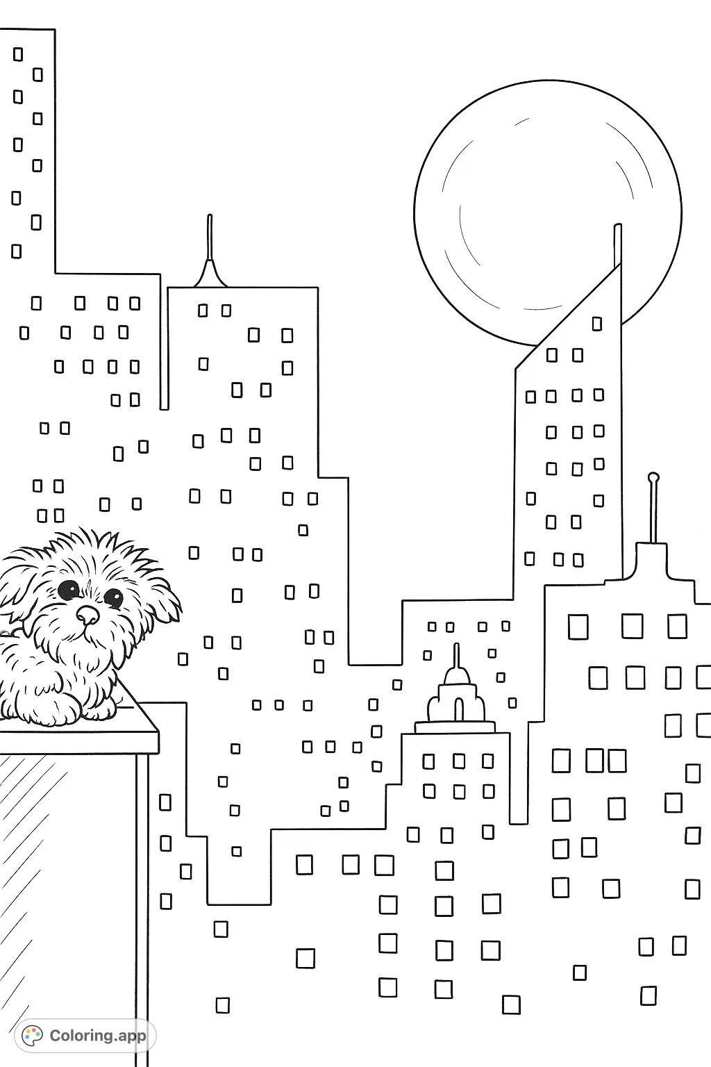 A charming fluffy dog overlooks a bustling city skyline under a grand full moon. This urban night scene offers a delightful coloring adventure for all ages.